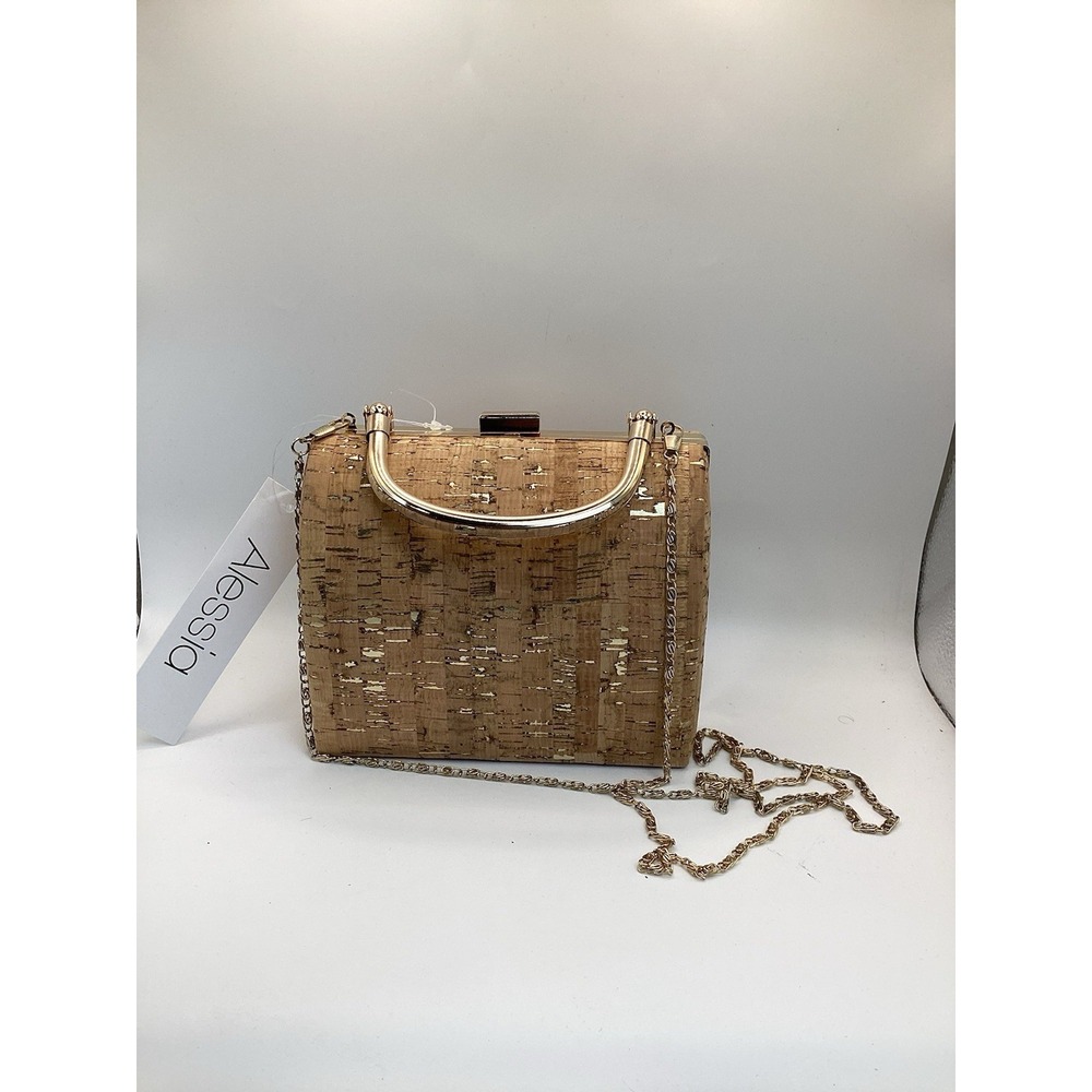 Alesia Cork Box Clutch Purse With Gold Chain Strap